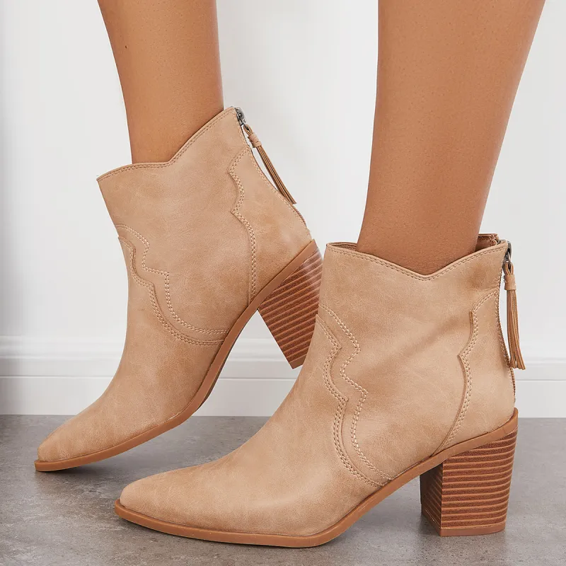 Pointed Toe Western Booties Back Zipper Chunky Heel Ankle Boots sold by Tinstree