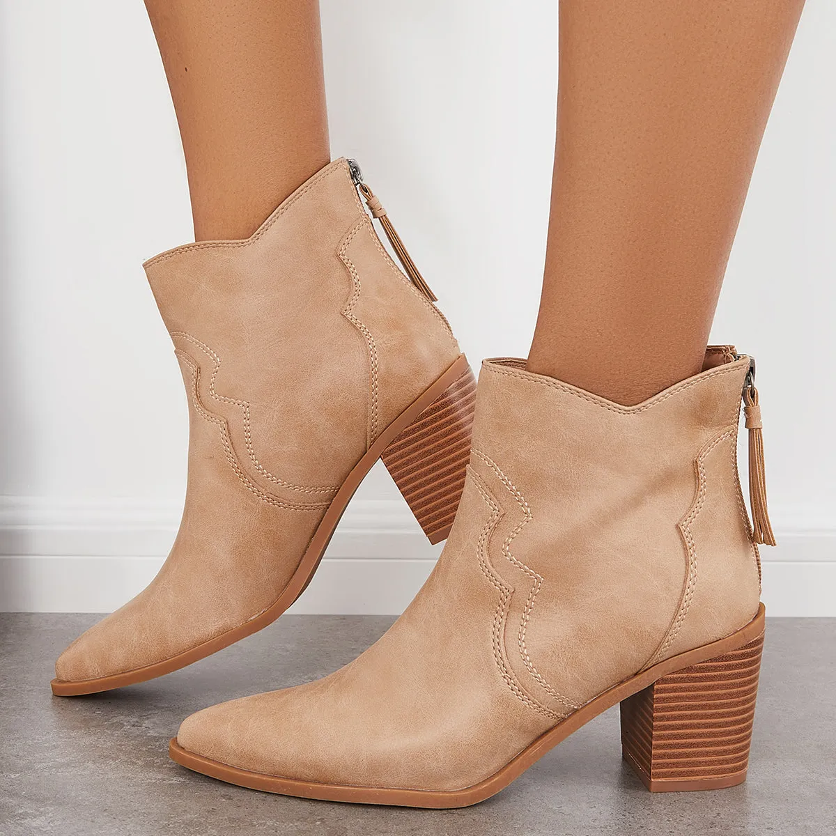 Pointed Toe Western Booties Back Zipper Chunky Heel Ankle Boots sold by Tinstree