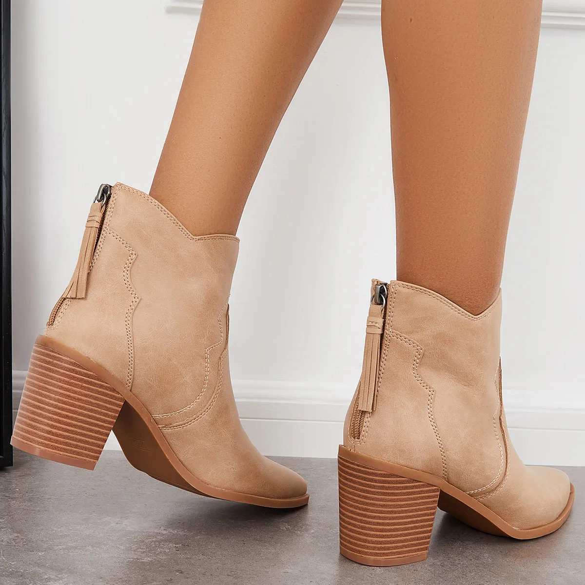 Pointed Toe Western Booties Back Zipper Chunky Heel Ankle Boots sold by Tinstree product image thumbnail 4