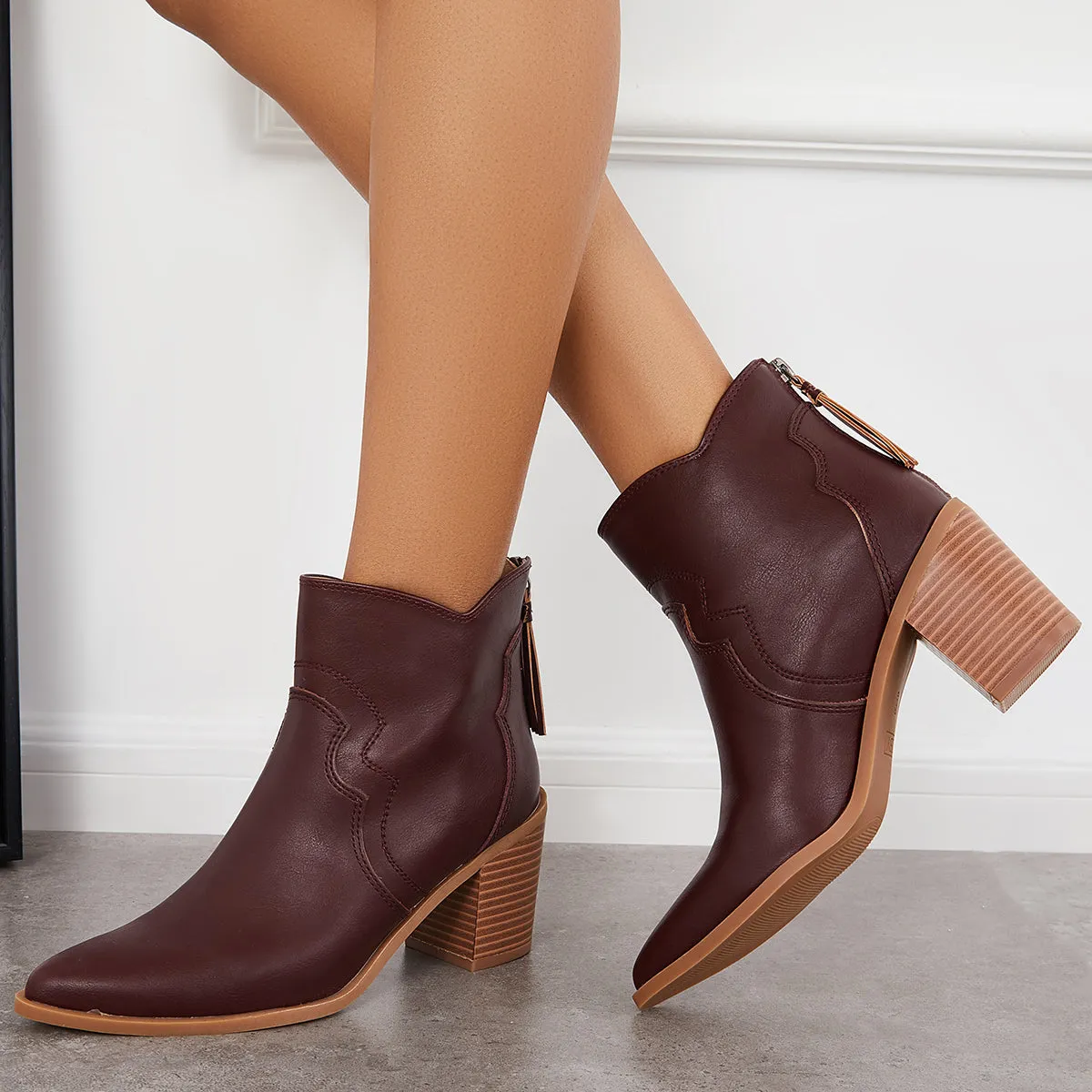 Pointed Toe Western Booties Back Zipper Chunky Heel Ankle Boots sold by Tinstree product image thumbnail 5