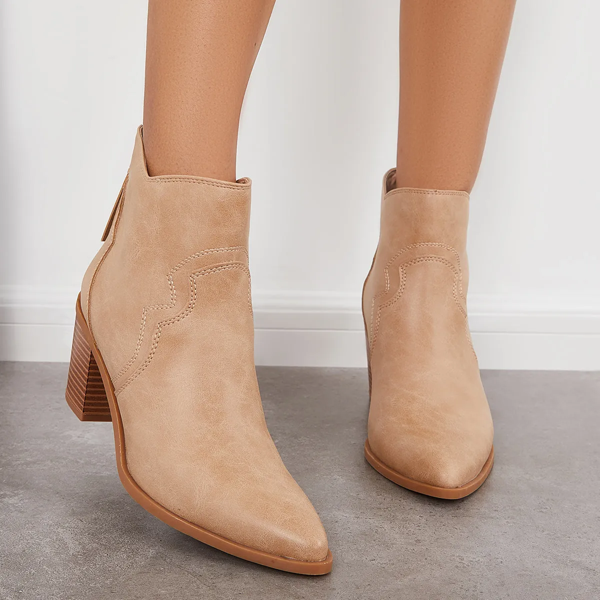 Pointed Toe Western Booties Back Zipper Chunky Heel Ankle Boots sold by Tinstree product image thumbnail 2
