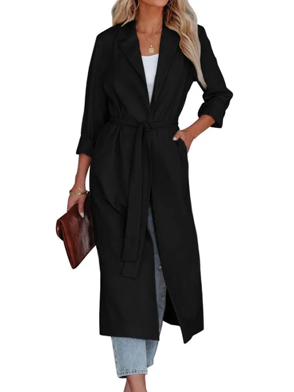 Women Lapel Open Front Windbreaker Long Trench Coat Lightweight Slim Overcoat Outwear sold by Tinstree product image thumbnail 5