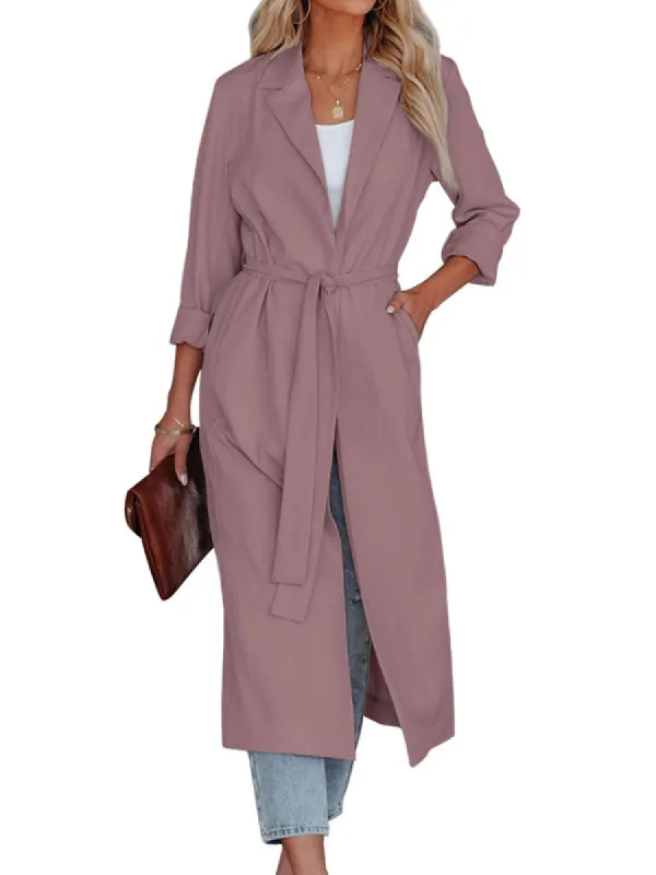 Women Lapel Open Front Windbreaker Long Trench Coat Lightweight Slim Overcoat Outwear sold by Tinstree