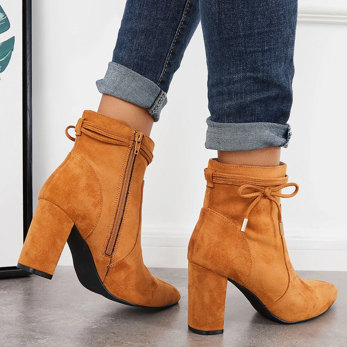 Bow Decor Chunky Heeled Booties Side Zipper Ankle Boots sold by Tinstree product image thumbnail 4