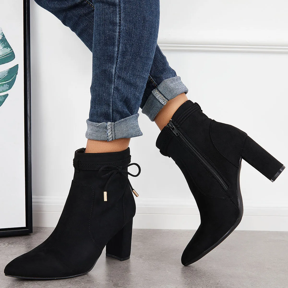 Bow Decor Chunky Heeled Booties Side Zipper Ankle Boots sold by Tinstree product image thumbnail 5