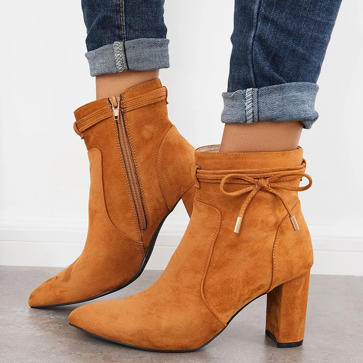 Bow Decor Chunky Heeled Booties Side Zipper Ankle Boots sold by Tinstree product image thumbnail 2