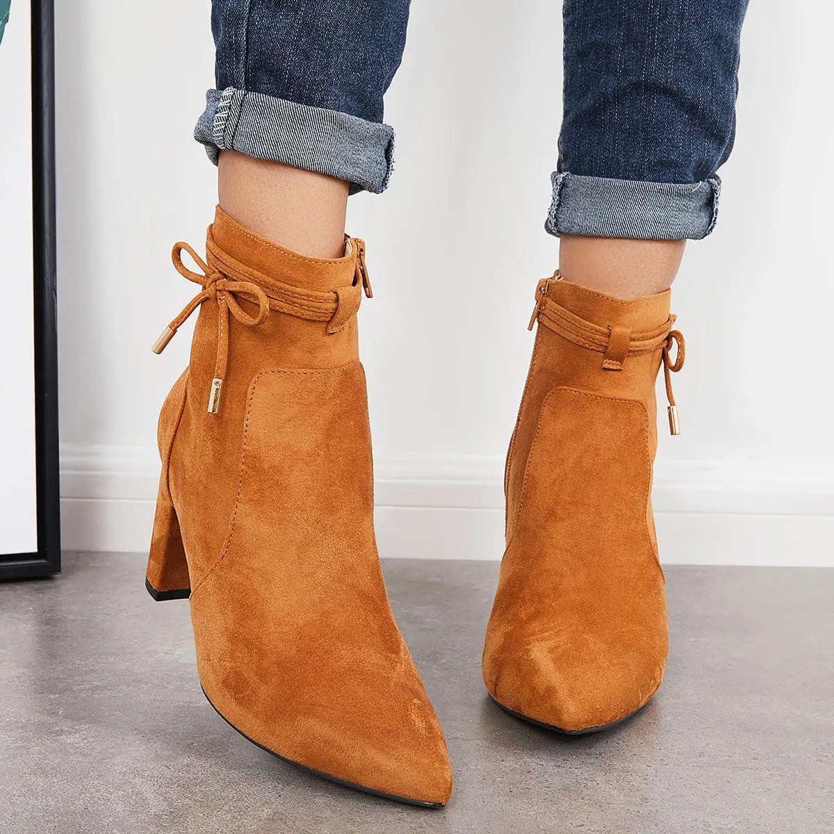 Bow Decor Chunky Heeled Booties Side Zipper Ankle Boots sold by Tinstree product image thumbnail 3