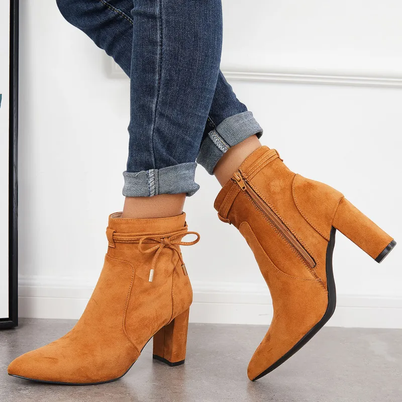Bow Decor Chunky Heeled Booties Side Zipper Ankle Boots sold by Tinstree