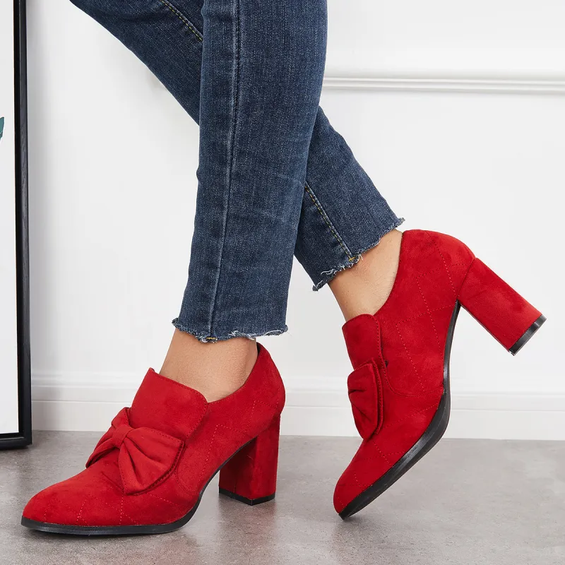 Bowknot Pointed Toe Chunky High Heel Pumps Slip on Dress Shoes sold by Tinstree