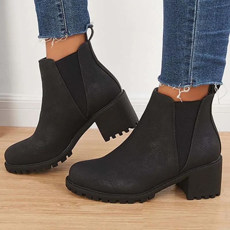 Faux Leather Chelsea Lug Boots Slip-On Chunky Heel Ankle Booties sold by Tinstree