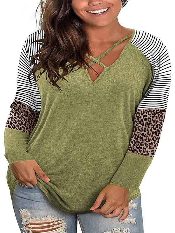 Women V Neck Leopard Tops Criss Cross Patchwork Long Sleeve T-Shirt Blouse sold by Tinstree product image thumbnail 3
