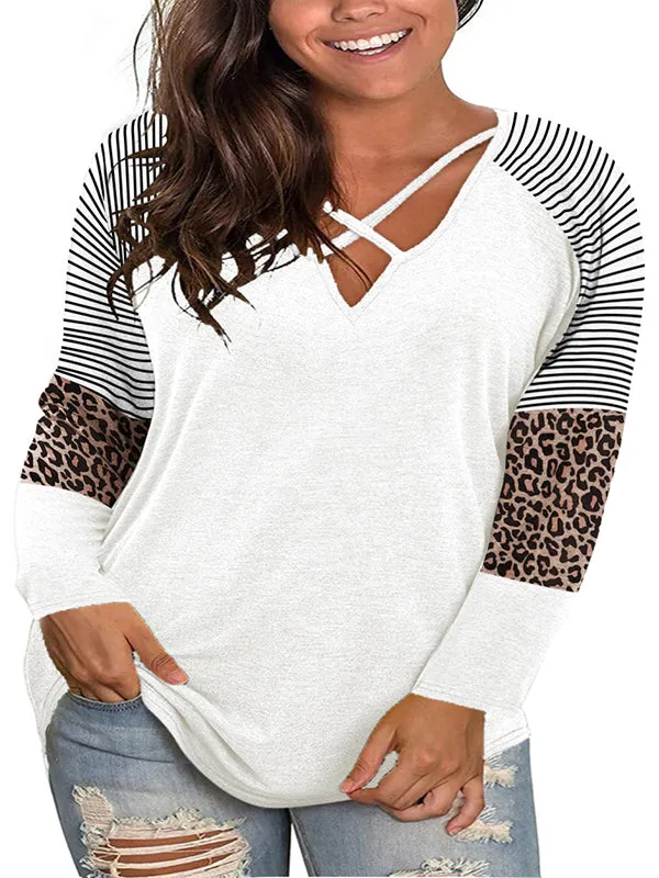 Women V Neck Leopard Tops Criss Cross Patchwork Long Sleeve T-Shirt Blouse sold by Tinstree product image thumbnail 5