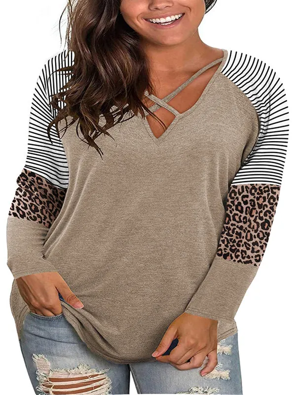 Women V Neck Leopard Tops Criss Cross Patchwork Long Sleeve T-Shirt Blouse sold by Tinstree