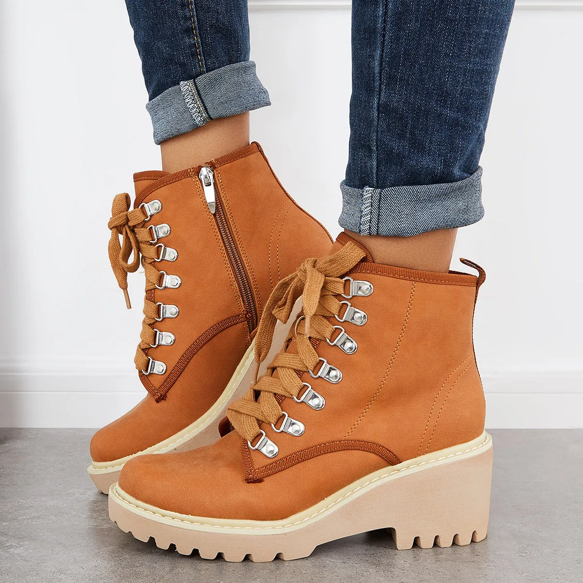 Waterproof Platform Wedge Ankle Work Boots Lace Up Hiking Combat Boots sold by Tinstree product image thumbnail 2