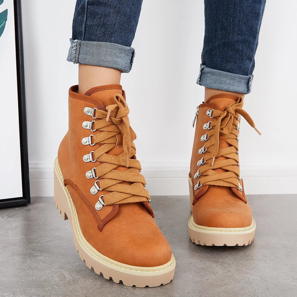 Waterproof Platform Wedge Ankle Work Boots Lace Up Hiking Combat Boots sold by Tinstree product image thumbnail 3