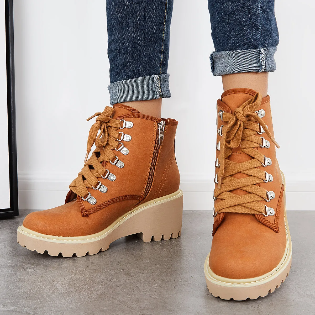 Waterproof Platform Wedge Ankle Work Boots Lace Up Hiking Combat Boots sold by Tinstree product image thumbnail 4