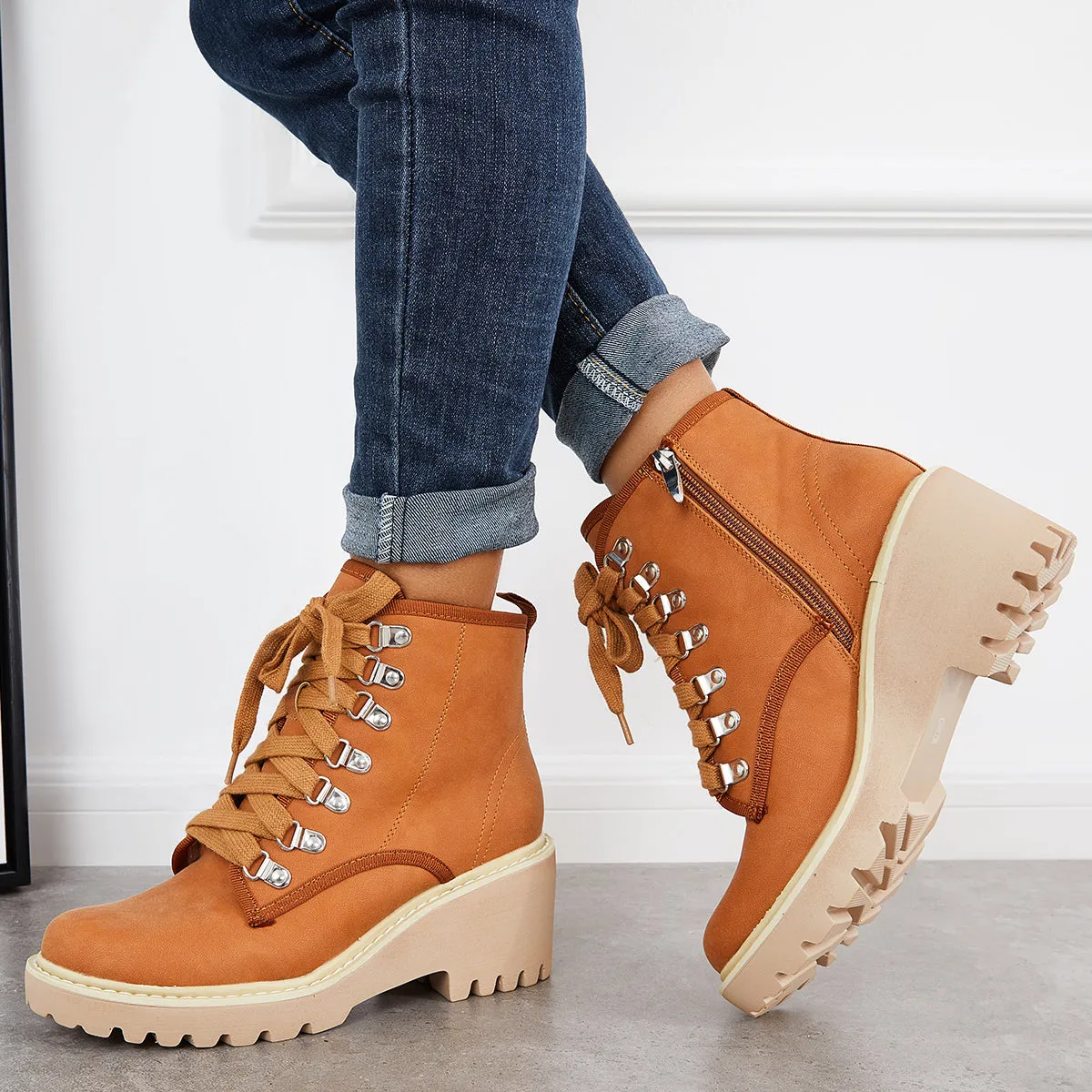 Waterproof Platform Wedge Ankle Work Boots Lace Up Hiking Combat Boots sold by Tinstree