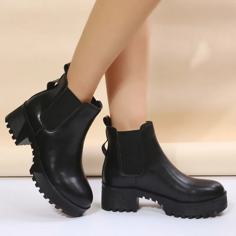 Round Toe Lug Sole Chelsea Boots Slip on Ankle Boots sold by Tinstree