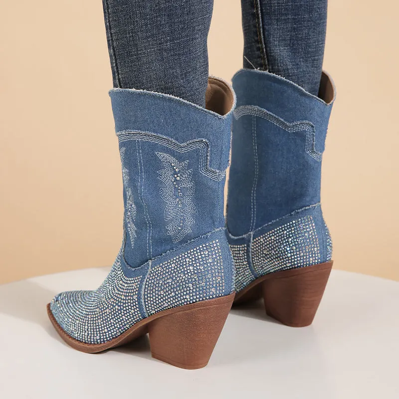 Rhinestone Embroidered Western Cowboy Boots Chunky Heel Mid Calf Boots sold by Tinstree product image thumbnail 5
