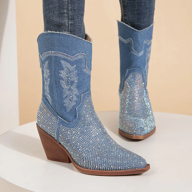 Rhinestone Embroidered Western Cowboy Boots Chunky Heel Mid Calf Boots sold by Tinstree