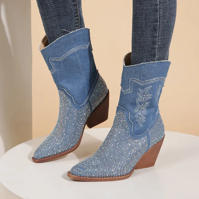 Rhinestone Embroidered Western Cowboy Boots Chunky Heel Mid Calf Boots sold by Tinstree product image thumbnail 2