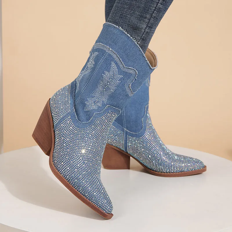 Rhinestone Embroidered Western Cowboy Boots Chunky Heel Mid Calf Boots sold by Tinstree product image thumbnail 4