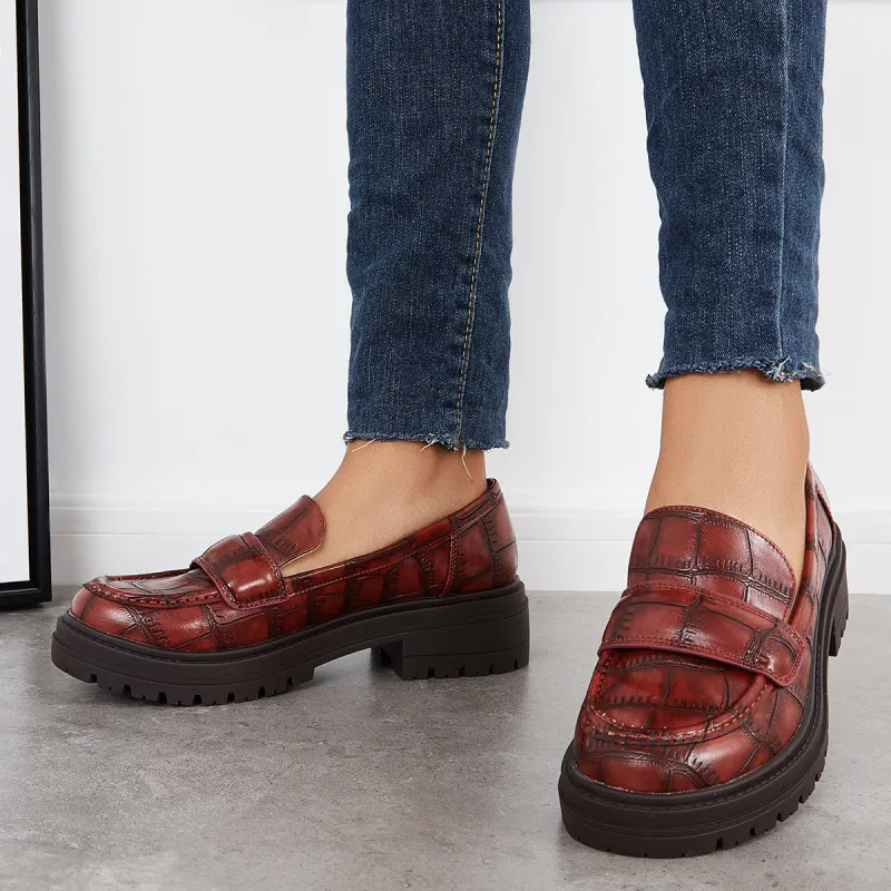 Round Toe Platform Penny Loafers Lug Sole Slip On Office Uniform Shoes sold by Tinstree
