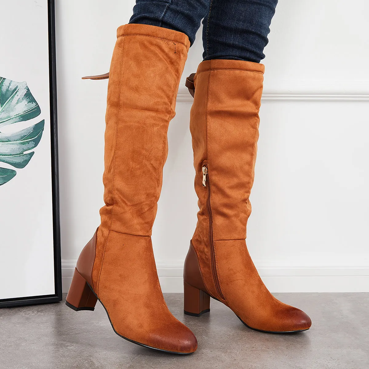 Wide Calf Chunky Heel Riding Boots Round Toe Knee High Boots sold by Tinstree product image thumbnail 5