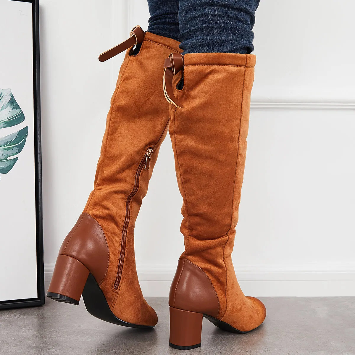Wide Calf Chunky Heel Riding Boots Round Toe Knee High Boots sold by Tinstree product image thumbnail 4