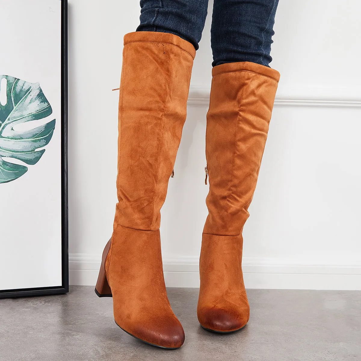 Wide Calf Chunky Heel Riding Boots Round Toe Knee High Boots sold by Tinstree