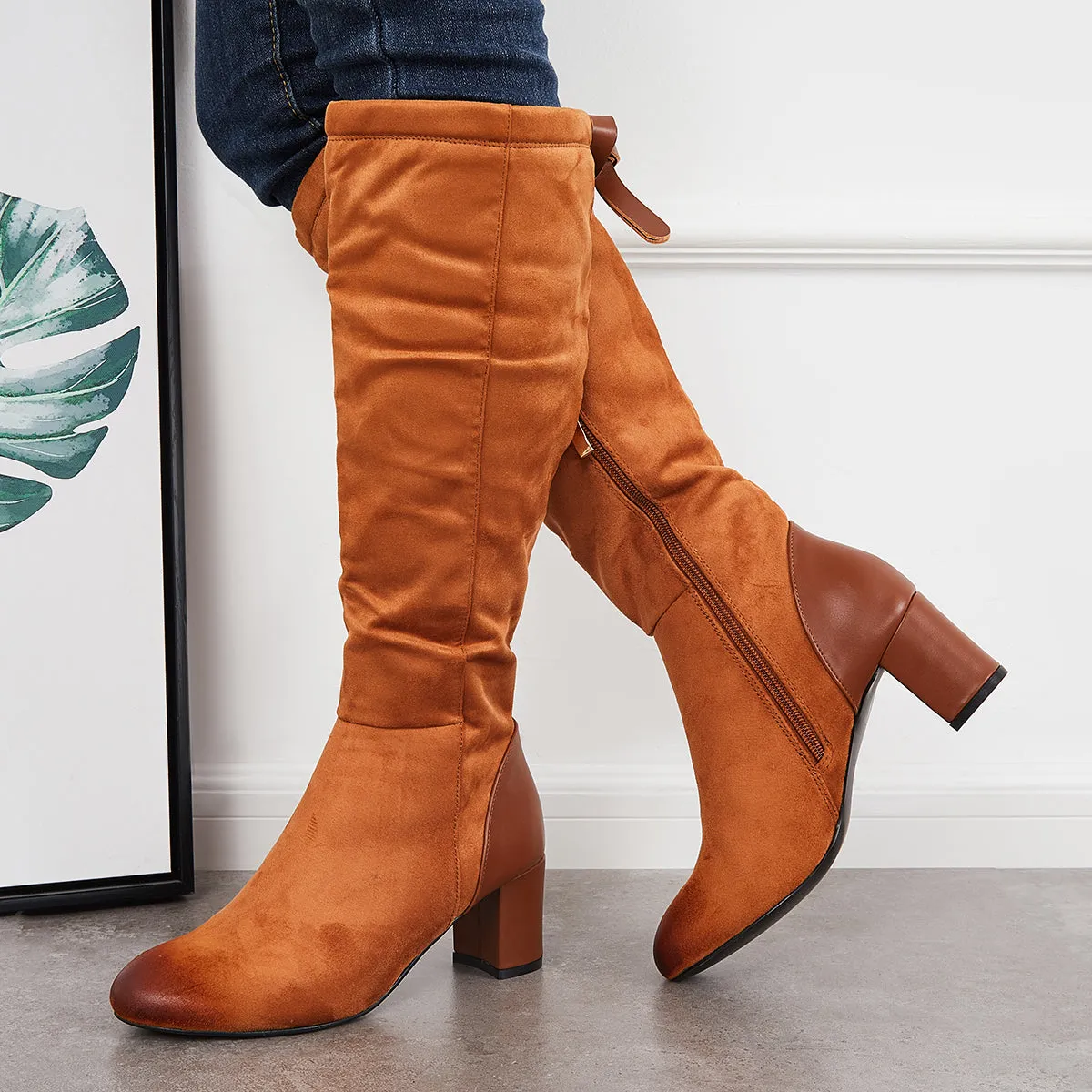 Wide Calf Chunky Heel Riding Boots Round Toe Knee High Boots sold by Tinstree product image thumbnail 2