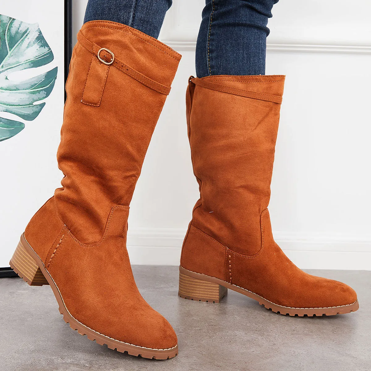 Wide Calf Lug Sole Riding Boots Low Heel Mid Knee High Booties sold by Tinstree product image thumbnail 4