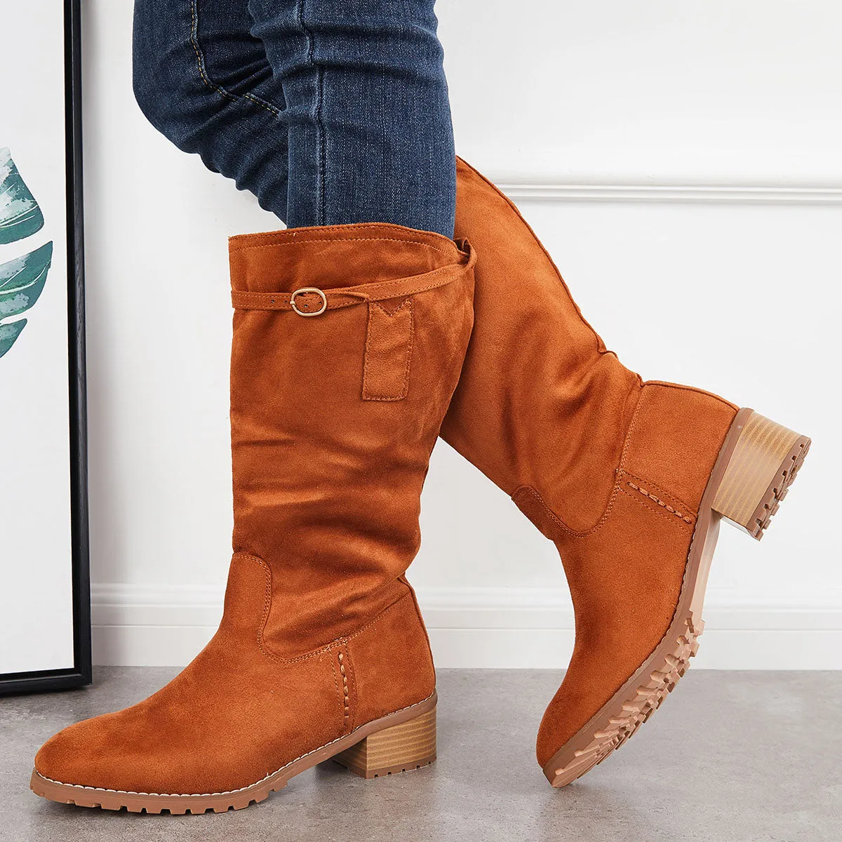 Wide Calf Lug Sole Riding Boots Low Heel Mid Knee High Booties sold by Tinstree