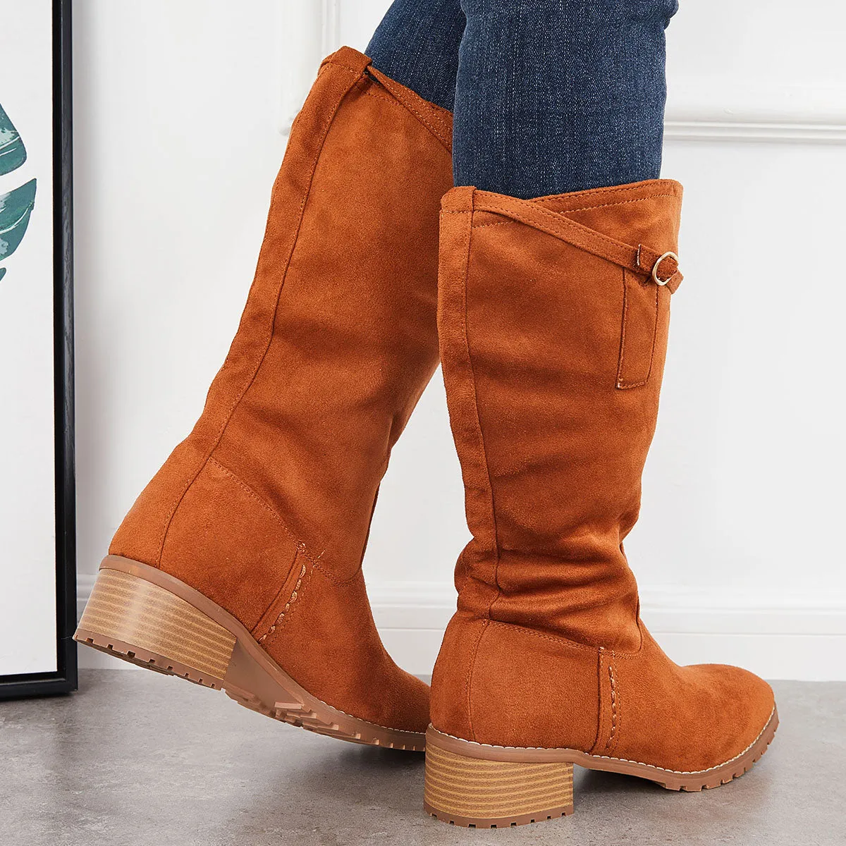 Wide Calf Lug Sole Riding Boots Low Heel Mid Knee High Booties sold by Tinstree product image thumbnail 3