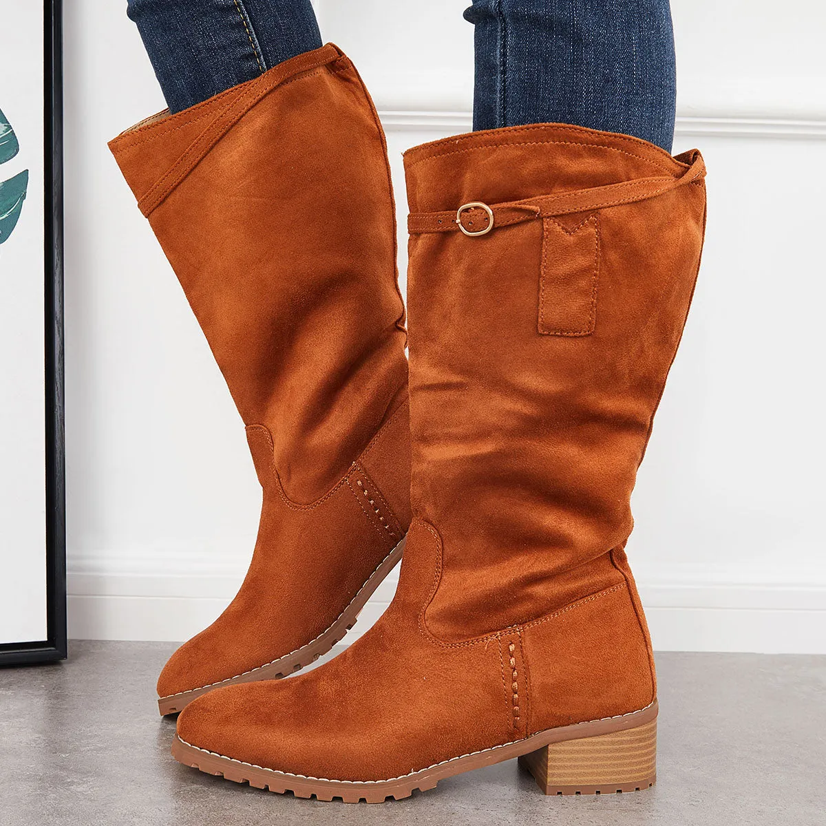 Wide Calf Lug Sole Riding Boots Low Heel Mid Knee High Booties sold by Tinstree product image thumbnail 2