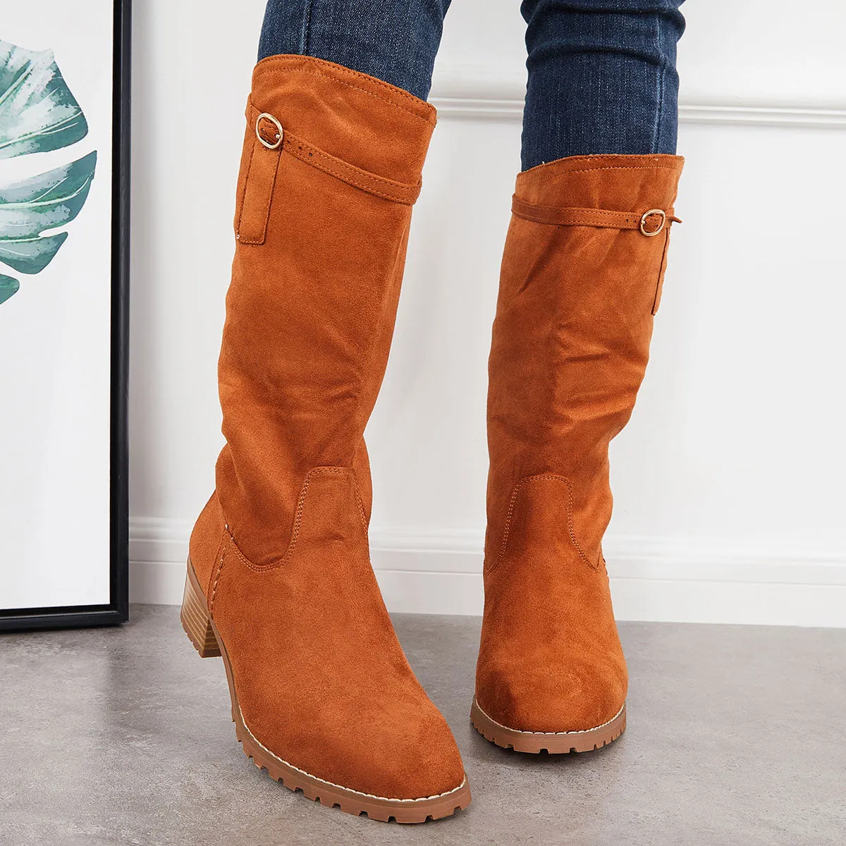 Wide Calf Lug Sole Riding Boots Low Heel Mid Knee High Booties sold by Tinstree product image thumbnail 5