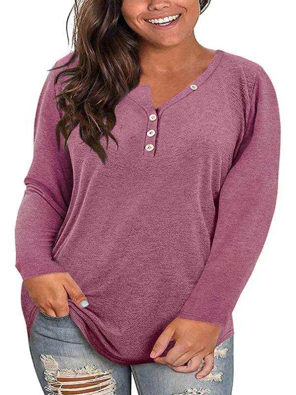 Women V Neck Long Sleeve T-Shirts Casual Button Tops Loose Comfy Warm Blouse sold by Tinstree