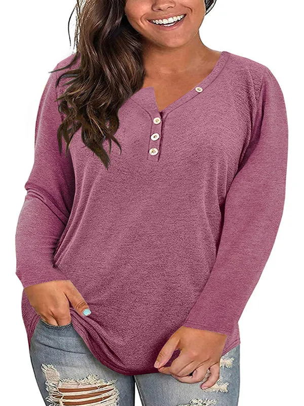 Women V Neck Long Sleeve T-Shirts Casual Button Tops Loose Comfy Warm Blouse sold by Tinstree