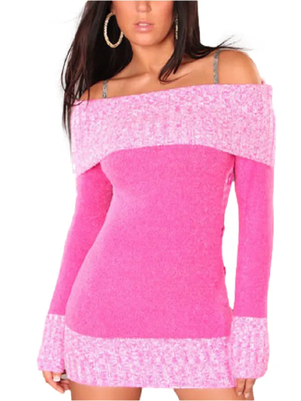 Women Off Shoulder Knitted Mini Dress Long Sleeve Bodycon Ribbed Knit Sweater Dress sold by Tinstree