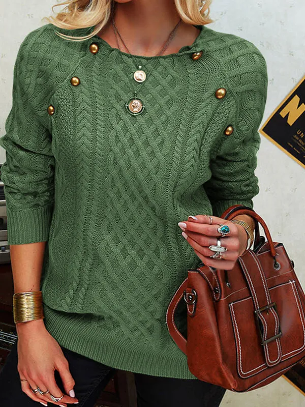 Women Cable Knit Cropped Pullover Sweater Tops Button Decor Slim Fit Sweaters sold by Tinstree