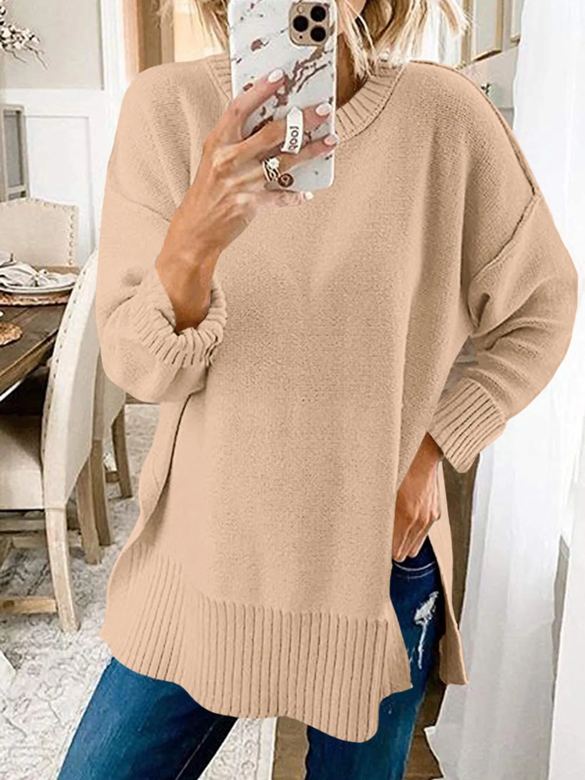 Womens Oversized Fall Sweaters Soft Knit Crew Neck Side Split Long Sleeve Slouchy Pullover Jumper sold by Tinstree product image thumbnail 4