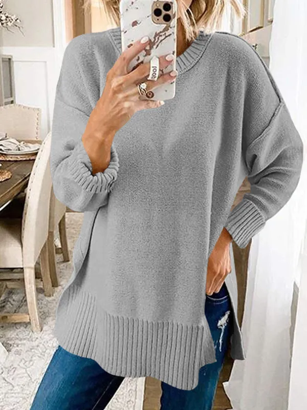 Womens Oversized Fall Sweaters Soft Knit Crew Neck Side Split Long Sleeve Slouchy Pullover Jumper sold by Tinstree