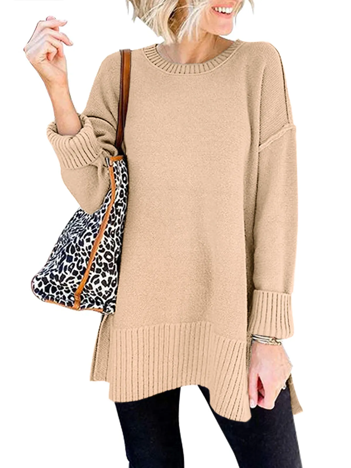 Womens Oversized Fall Sweaters Soft Knit Crew Neck Side Split Long Sleeve Slouchy Pullover Jumper sold by Tinstree product image thumbnail 5