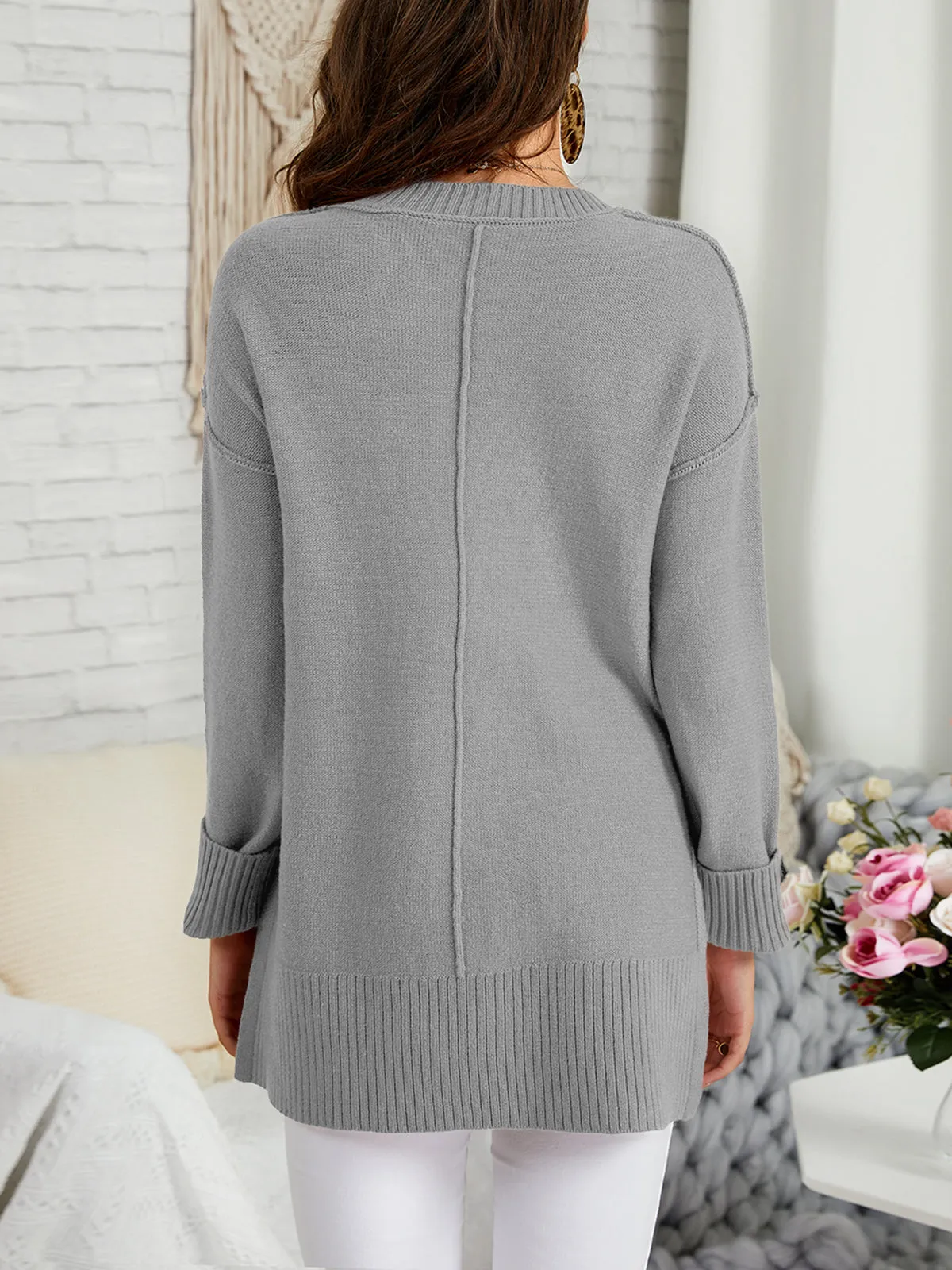 Womens Oversized Fall Sweaters Soft Knit Crew Neck Side Split Long Sleeve Slouchy Pullover Jumper sold by Tinstree product image thumbnail 3