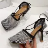 Rhinestone Square Toe Lace Up Strappy Stiletto Heel Sandals sold by Tinstree