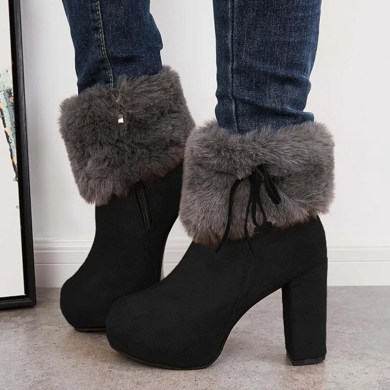 Furry Lined Ankle Snow Boots Platform Chunky High Heel Booties sold by Tinstree