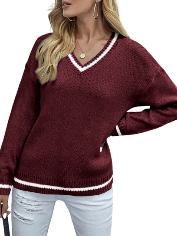 Women Knitted Crop Deep V-Neck Slim Fitted Tops Long Sleeve Pullover Off Sweater sold by Tinstree