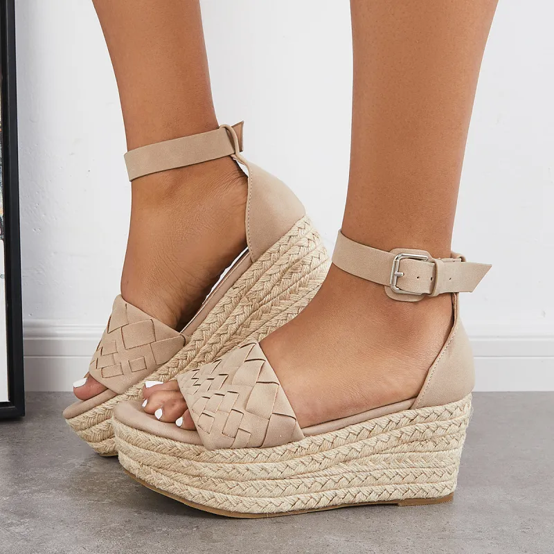 Woven Platform Wedges Espadrille Sandals Buckle Strap Sandals sold by Tinstree