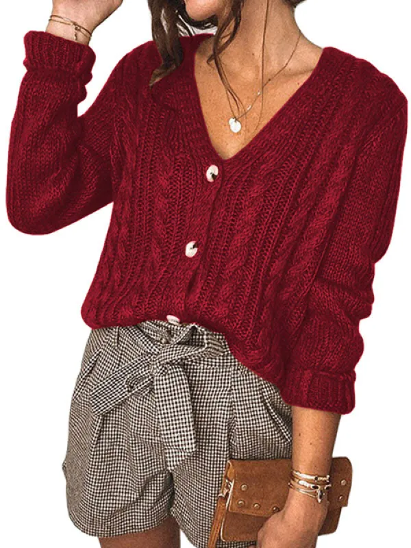 Women V Neck Ribbed Knit Button Down Sweaters Long Sleeve Pullover Tops sold by Tinstree