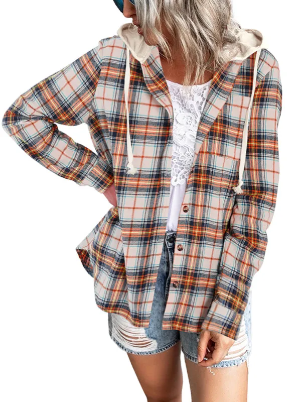 Women Long Sleeve Plaid Hoodie Jacket Button Down Blouse Tops sold by Tinstree